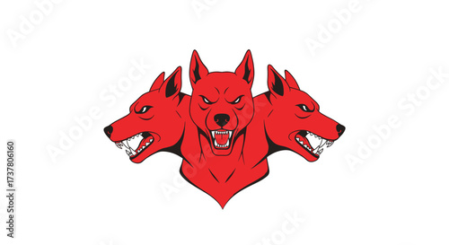 A flag featuring a fierce three headed red dog or beast emblem.