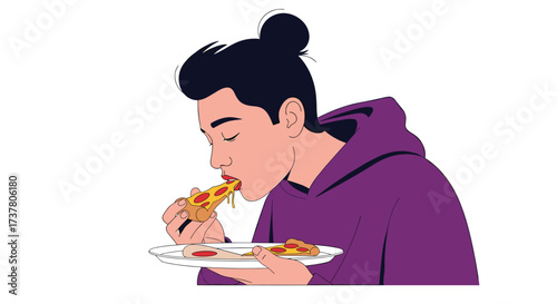 A young person enjoying a delicious slice of pizza with a fond expression.