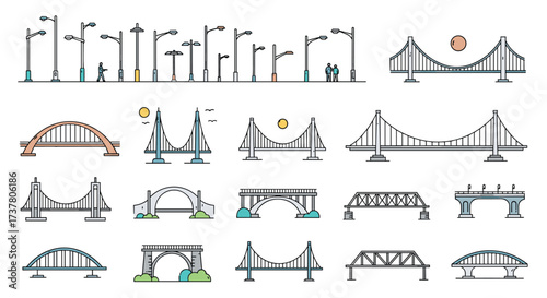 Collection of various bridge designs and street lighting elements.