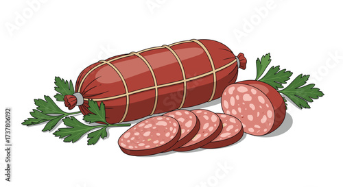 A whole smoked sausage is displayed with several slices and fresh parsley.