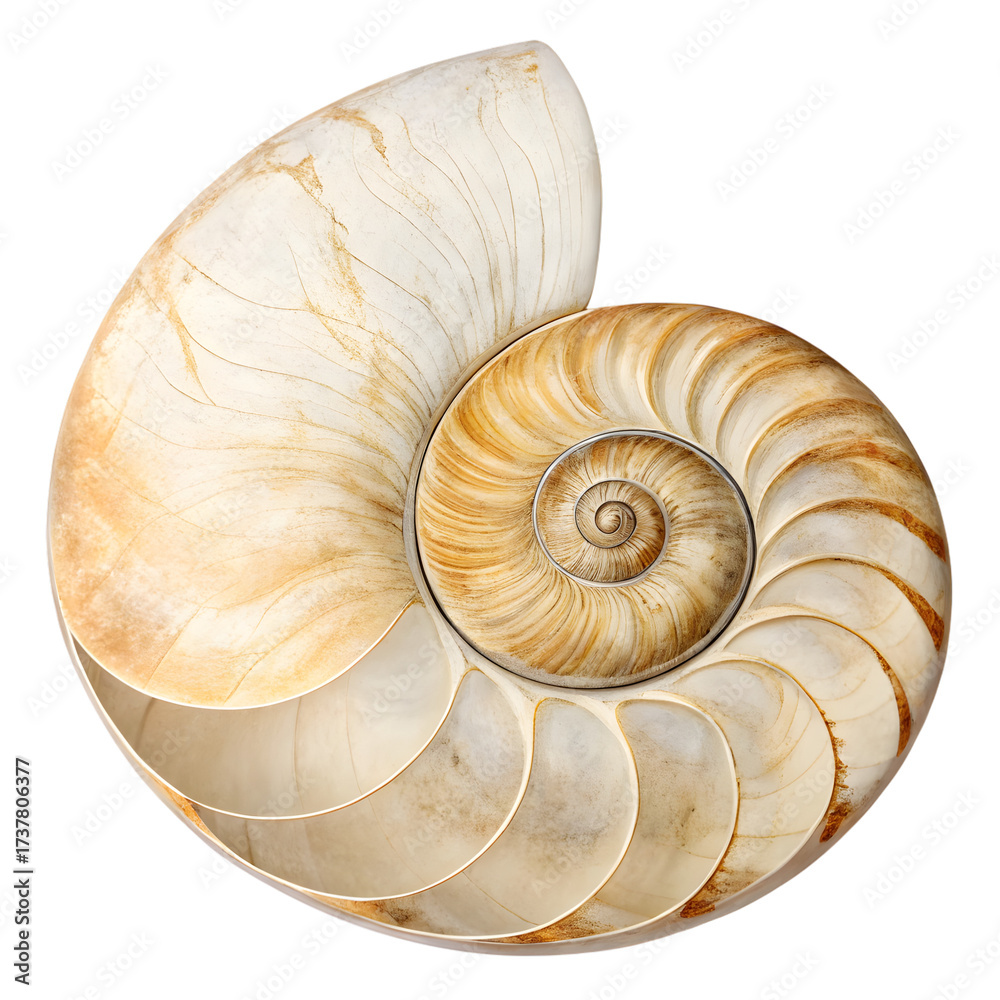 Obraz premium Discover the mesmerizing Fibonacci spiral within a nautilus shell showcasing natural geometry and intricate growth patterns.Isolated on white background.