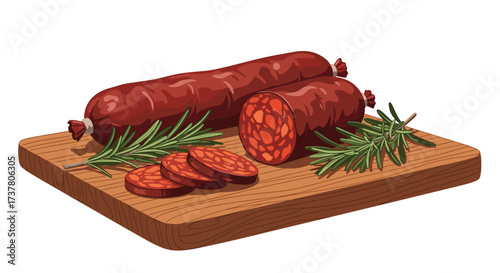 Spicy cured sausage with rosemary herbs on a wooden board.