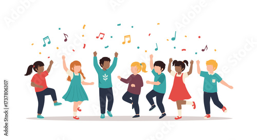 Diverse group of happy children dancing with colorful musical notes floating above them.