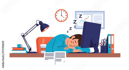 A tired office worker falls asleep at their desk in front of their computer.
