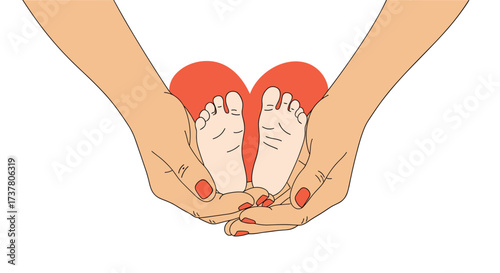 Loving hands gently hold precious baby feet forming a heart shape symbolizing new life and parental devotion.