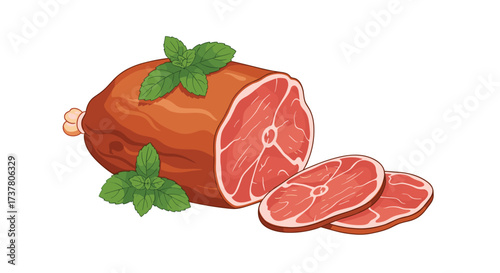 A delicious sliced cured ham with fresh basil leaves on a white background.