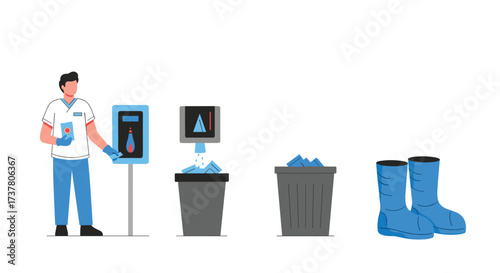 Worker demonstrates proper waste disposal and hygiene procedures in a laboratory.