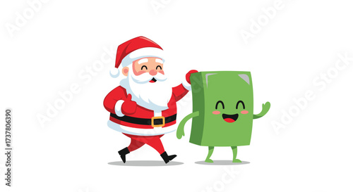 Santa Claus walking happily with a cute green book character