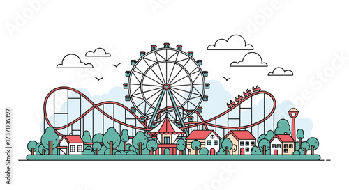 An amusement park scene featuring a roller coaster and ferris wheel.