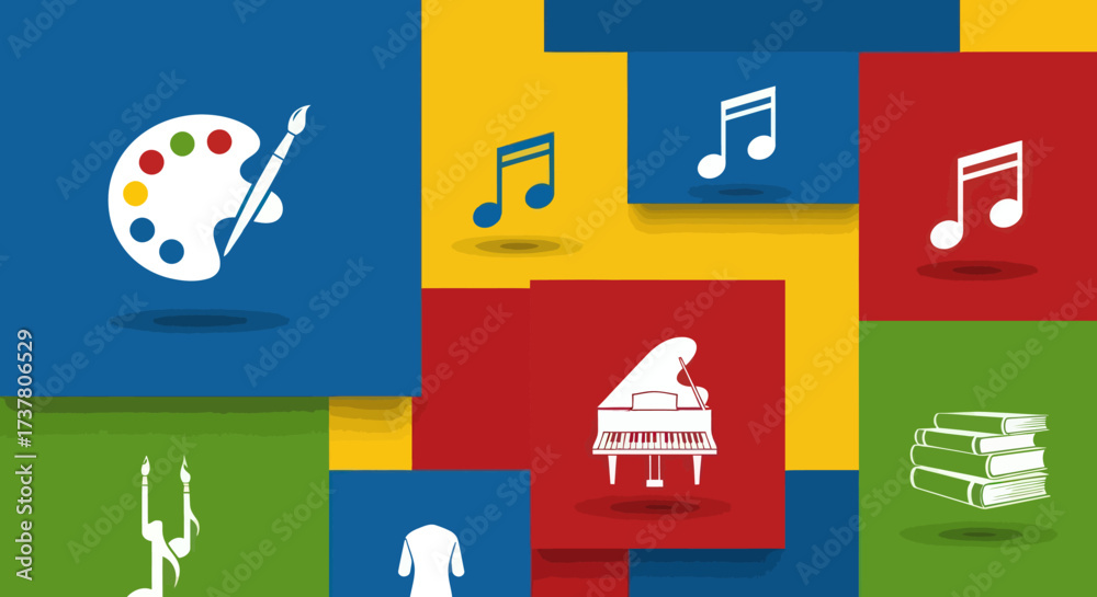 Fototapeta premium Vibrant Blocks with Flat Vector Art Icons: Palette, Paintbrush, Musical Notes, and Dress Representing Creativity and Culture, Flat Vector Elements, Vector Illustration, Simple Vector, Stylized Vector