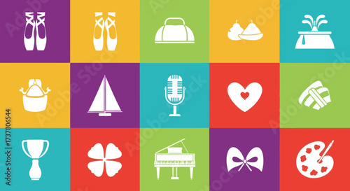 Diverse Flat Design Icon Collection with Ballet Shoes, Sailboat, Trophy, Lucky Clover, and Bucket on a Vibrant Multicolor Grid, Flat Vector Elements, Vector Illustration, Simple Vector, Stylized