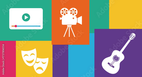 Colorful Flat Design Collage with Media Player, Theater Masks, and Communication Icons Representing Entertainment and Arts, Flat Vector Elements, Vector Illustration, Simple Vector, Stylized Vector