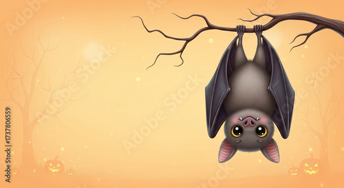 A cute cartoon bat with large eyes hangs upside down from a tree branch against an eerie, glowing orange Halloween background with distant jack-o'-lanterns.