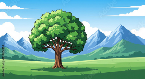A large, vibrant green tree stands alone in a wide open grassy meadow, framed by rolling blue mountains and a sunny, cloudy sky, a cheerful vector illustration.
