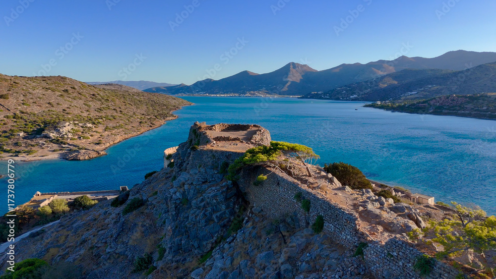 Fototapeta premium Spinalonga, Crete, Greece, aerial drone view, Venetian fortress