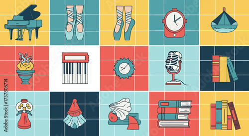Vibrant Collection of Arts, Music, and Festive Icons: Grand Piano, Ballet Shoes, Musical Notes, Piano Keyboard Ticket, and Gnome Illustrations, Flat Vector Elements, Vector Illustration, Simple