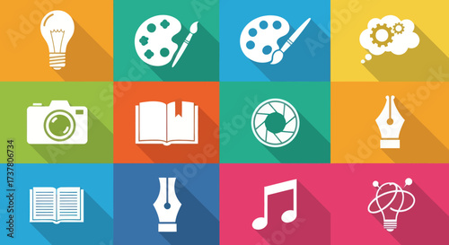 Diverse Creative and Educational Flat Design Icons Collection with Long Shadows on Vibrant Colorful Backgrounds, Flat Vector Elements, Vector Illustration, Simple Vector, Stylized Vector Drawing,