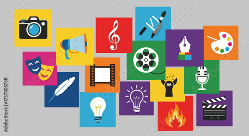 Collection of Flat Design Icons Representing Creative Arts, Media, Communication, and Ideas on a Grey Background, Flat Vector Elements, Vector Illustration, Simple Vector, Stylized Vector Drawing,