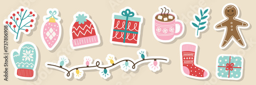 Collection of colourful Christmas stickers. Christmas tree, ball, present, sock, cookie, cup, hat, sweater, gloves. Vector illustration