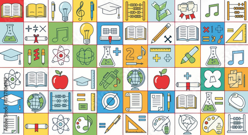 Colorful Education and Academic Subject Icons Collection - School, Learning, Science, Math, Art, and Graduation Symbols, Flat Vector Elements, Vector Illustration, Simple Vector, Stylized Vector