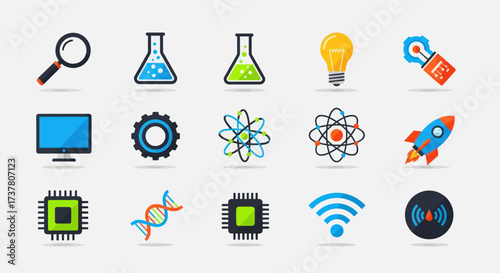 Modern Flat Design Icons: Science, Technology, Research & Development, featuring Magnifying Glass, Lab Flask, Computer Monitor, Gear, Microchip, and DNA, Flat Vector Elements, Vector Illustration,