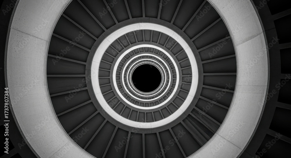 Fototapeta premium A mesmerizing abstract black and white photograph looking down a spiraling, circular concrete staircase, creating a hypnotic tunnel effect.