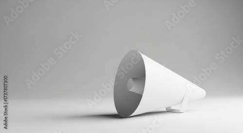 A minimalist white megaphone or bullhorn on a clean white background, symbolizing communication, announcement, and protest.