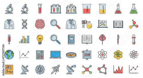 Science, Research, and Technology Icons Set: Microscopes, Lab Equipment, DNA, Brain, Data, Ideas, and Innovation, Flat Vector Elements, Vector Illustration, Simple Vector, Stylized Vector Drawing,