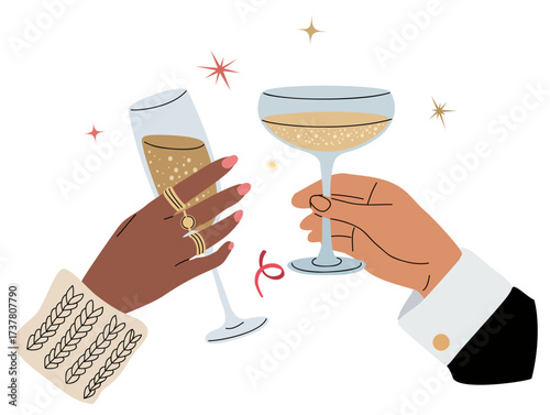 Stylized vector of two hands toasting with champagne coupe glasses, bubbles, golden stars, red bow, modern minimalist design with warm tones, festive celebration illustration