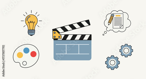 Creative Thinking, Art, and Film Production Icons: Vector Illustration with Lightbulb, Paint Palette, and Clapperboard Symbols, Flat Vector Elements, Vector Illustration, Simple Vector, Stylized
