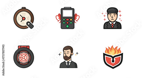 Diverse Collection of Flat Design Icons Including Compass, Gift Ribbon, Industrial Wheel, and Sparkling Stars on White Background, Flat Vector Elements, Vector Illustration, Simple Vector, Stylized