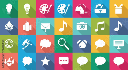 Diverse Flat Design Icons Collection with Long Shadows for Web and App UI/UX, Flat Vector Elements, Vector Illustration, Simple Vector, Stylized Vector Drawing, Vector Template, Clean Vector Style,