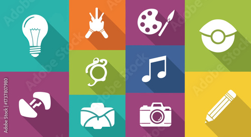 Modern Flat Design Icons Collection with Long Shadows on Vibrant Color Blocks: Ideas, Campfire, Fitness, and Business Communication Symbols, Flat Vector Elements, Vector Illustration, Simple Vector,