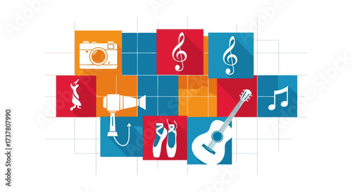 Modern Flat Design Icons with Long Shadows, featuring Photography, Videography, and Creative Symbols on a White Grid Background for Digital Media Concepts, Flat Vector Elements, Vector Illustration,