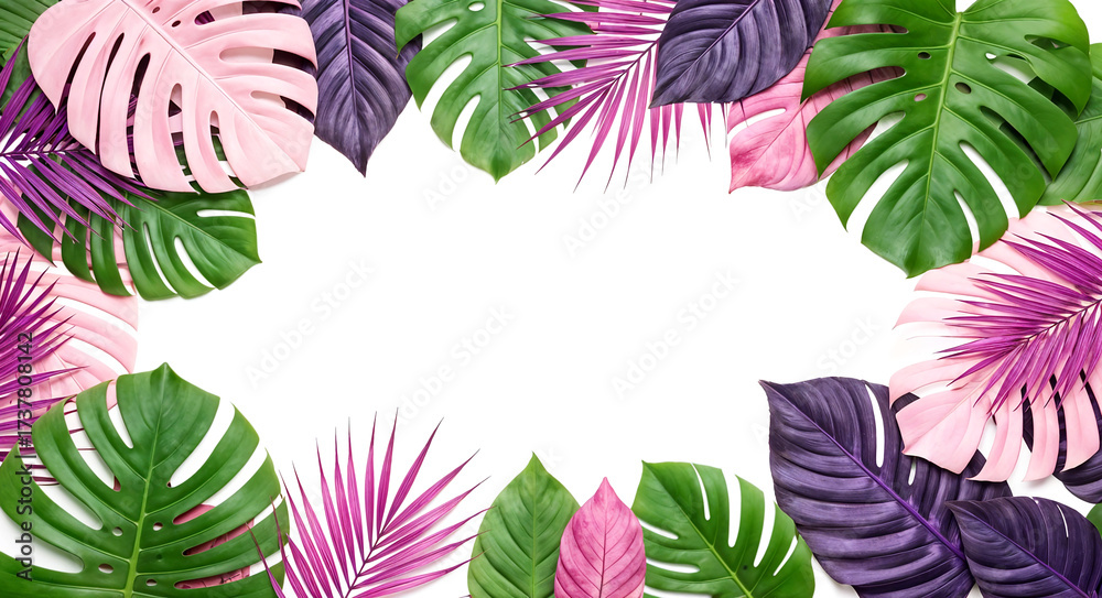 Fototapeta premium Summer Tropical leaf frame on white background with copy space.
