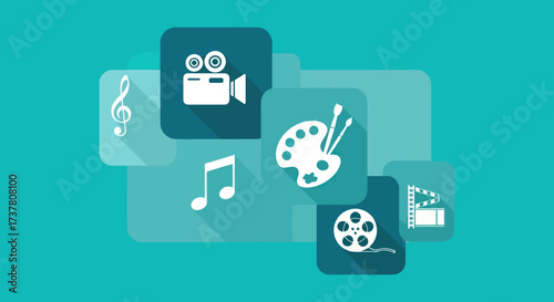 Flat Design Multimedia Icons: Treble Clef, Video Camera, and Music Note on Turquoise Background, Flat Vector Elements, Vector Illustration, Simple Vector, Stylized Vector Drawing, Vector Template,