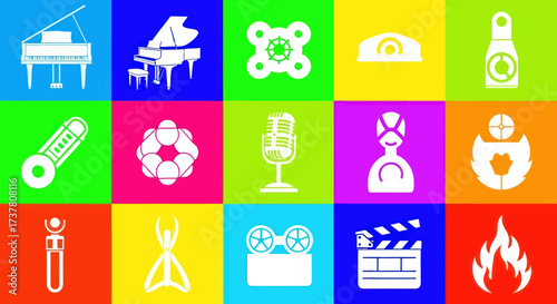 Pop Art Grid of White Silhouettes: Grand Pianos, Medical Instruments, and Molecular Structures on Vibrant Colorful Backgrounds, Flat Vector Elements, Vector Illustration, Simple Vector, Stylized