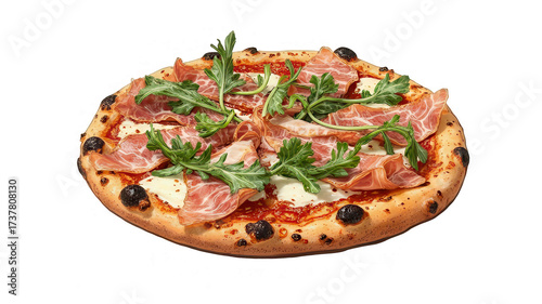 Delicious pizza topped with prosciutto and fresh arugula on a dark background.