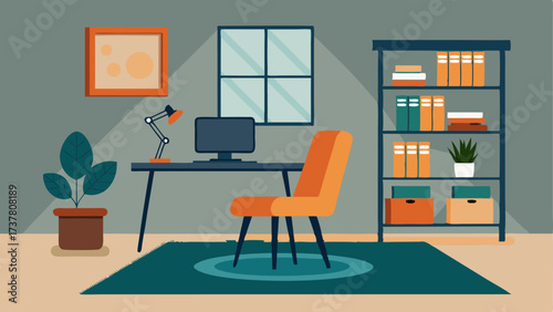 A home office with a metal desk and shelves paired with a plush velvet chair and a woven rug.