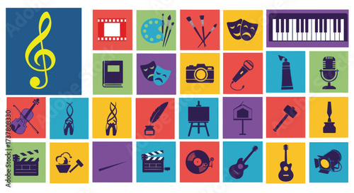 Diverse Arts and Culture Icons Collection with Treble Clef, Film, Dance, and Literary Symbols on White Background, Flat Vector Elements, Vector Illustration, Simple Vector, Stylized Vector Drawing,