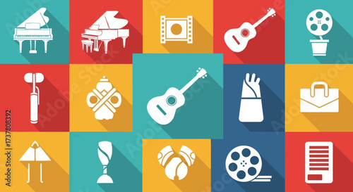 Collection of minimalist flat design icons with long shadows, featuring everyday objects like grand pianos, a bicycle pump, fire hydrant, tent, and wine glass on a vibrant multi-colored grid., Flat