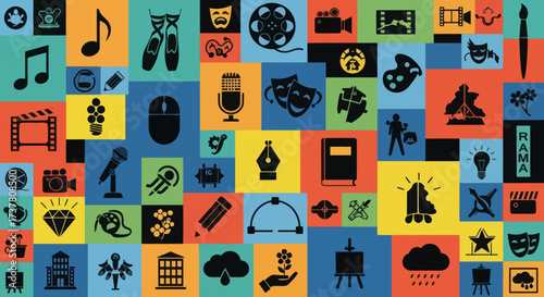Creative Arts and Digital Media Icons Grid with Flat Design Illustrations, Flat Vector Elements, Vector Illustration, Simple Vector, Stylized Vector Drawing, Vector Template, Clean Vector Style,