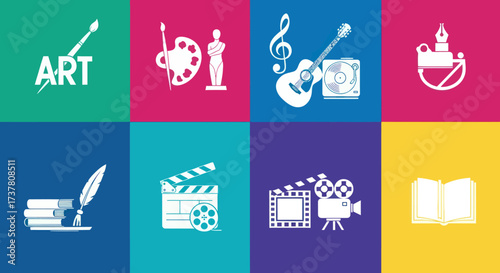 Creative Arts and Culture Quadrant Icons: Visual Arts, Literature, Film, and Sculpture Symbols in Flat Vector Design, Flat Vector Elements, Vector Illustration, Simple Vector, Stylized Vector