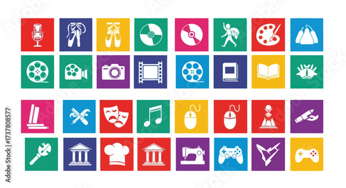 Diverse Flat Design Icons Collection for Arts, Culture, Education, Media, Culinary, and Finance, Featuring Microphone, Ballet, Camera, Books, Masks, Chef Hat, and Bank Symbols, Flat Vector Elements,