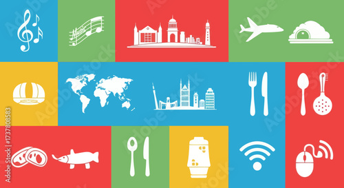 Set of Flat Design Icons: Music, Global Travel, and Gastronomy on Vibrant Colored Backgrounds, Flat Vector Elements, Vector Illustration, Simple Vector, Stylized Vector Drawing, Vector Template,
