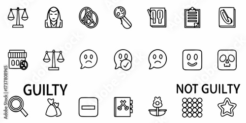 Black and white icons representing guilty and not guilty verdicts, perfect for legal presentations, crime investigations, and courtroom dramas with vector precision