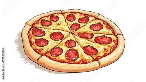 Delicious pepperoni pizza, sliced and ready to eat, isolated on a black background.