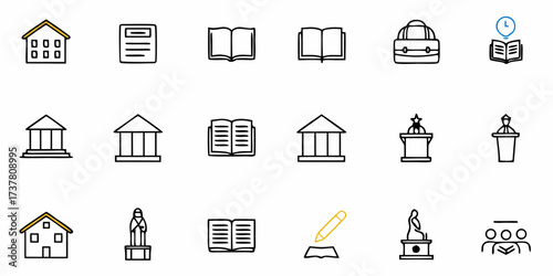 Explore education and learning with these detailed icons representing schools, books, lectures, and historical figures for engaging educational resources