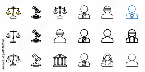 Elegant justice icons pack conveying law, legal, and judiciary system, suitable for presentations, websites, and educational content about courtroom and lawyer themes