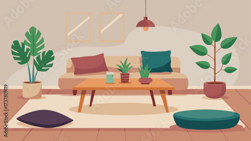 A living room with a low minimalist coffee table made of natural wood surrounded by floor cushions and a few leafy plants.